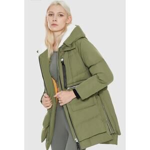 OROLAY Thickened Down Puffer Jacket L Winter Coat Fleece Lined Hood Green